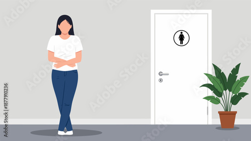 Woman Standing Outside a Restroom Door, Vector Illustration