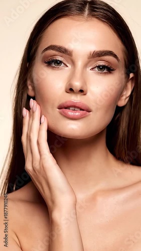 Close-up of a young woman's face with flawless skin, soft lips, and elegant makeup