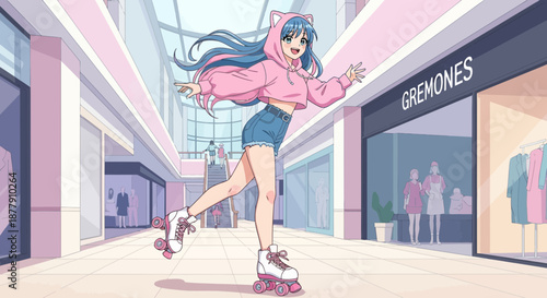 Anime Girl Roller Skating in Mall with Pink Hoodie and Shorts.