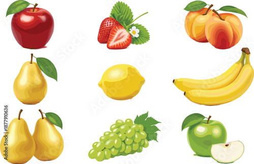 Fresh Fruit Illustration Set with Apple, Banana, Pear, Lemon, Grape, Strawberry, and Peach Elements for Healthy Food and Nutrition Designs