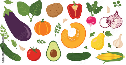 Fresh Vegetables Collection Vector Illustration Set with Organic Farm Produce Icons for Healthy Food Design, Grocery Branding, Nutrition Projects, and Market Graphics