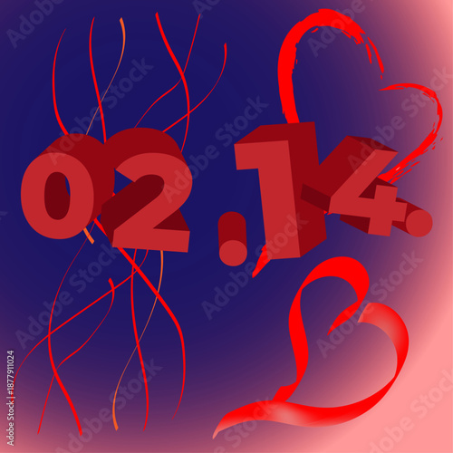 3D isometric Valentine's Day composition with volumetric letters and numbers. Romantic festive background with hearts and creative typography.