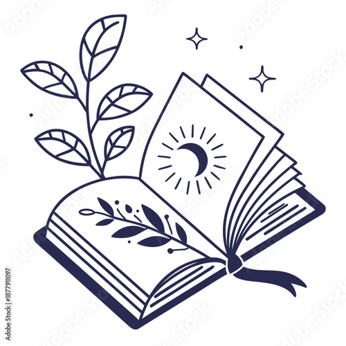 Open book with crescent moon and leaves symbolizing growth