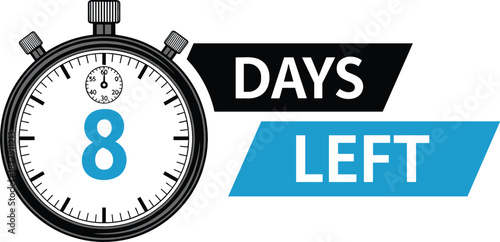 Detailed mechanical stopwatch vector badge featuring a blue number 8 and slanted banners for "8 Days Left" promos.