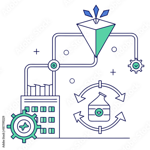 Chemical process efficiency optimization, streamlining workflows for improved productivity and reduced waste, vector art