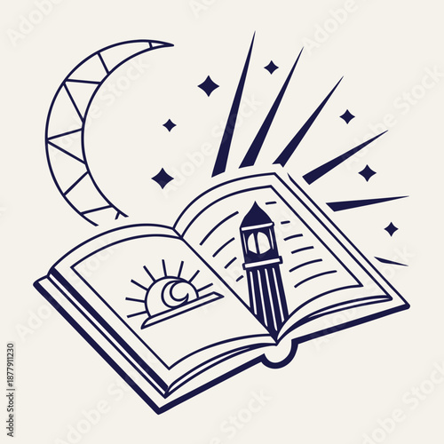 Magical book with sun moon and tower illustrations