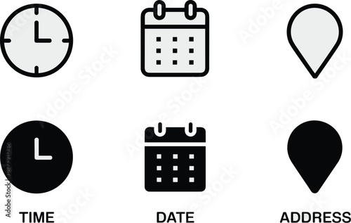 Minimalist time date address icons symbols for business events planning scheduling appointments and location corporate management interface design project management application modern vector illustra