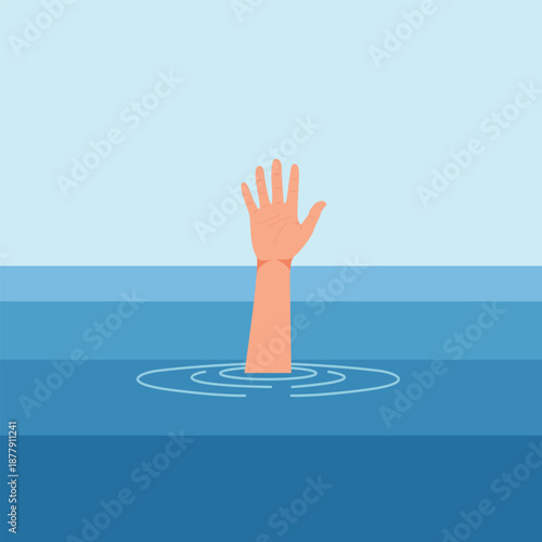 Man drowning with raised hand flat vector illustration calling for urgent help