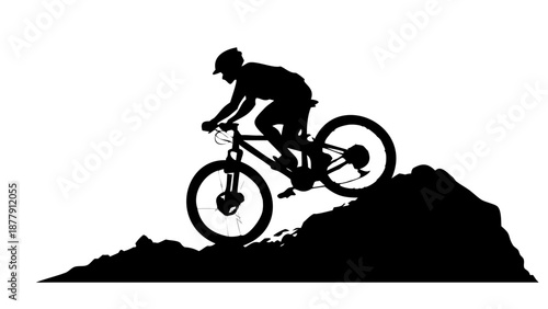 Silhouette of a cyclist riding a mountain bike over rough terrain, adventure sport, extreme outdoor activity vector.