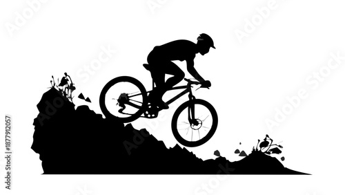Silhouette of a cyclist riding a mountain bike over rough terrain, adventure sport, extreme outdoor activity vector.
