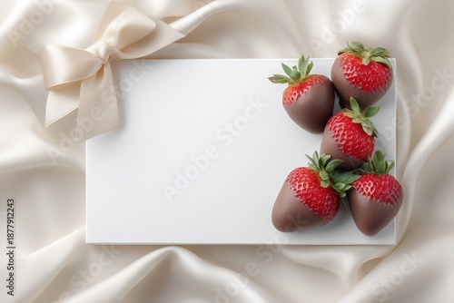Wallpaper Mural White card with a bow and four strawberries on it. Valentine's day. Torontodigital.ca