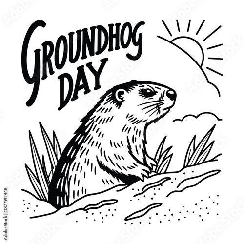 Groundhog Day Woodcut Vector Illustration - February 2nd