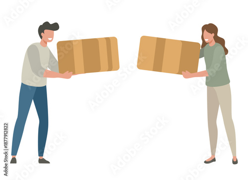 Man woman holding parcel package order box isolated vector modern simple graphic illustration, delivery person concept, courier shipment happy people, warehouse characters clip art set