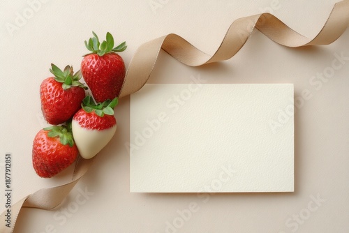 Wallpaper Mural White card with strawberries and a ribbon on top of it. Valentine's day. Torontodigital.ca