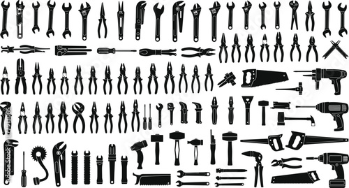 Silhouette Vector Set of Hand and Power Tools for Construction, Repair, Carpentry, Mechanic, Workshop, Industrial and DIY Projects