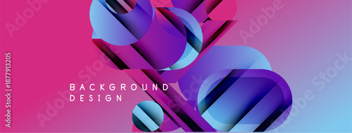 Abstract geometric shapes overlap, creating vibrant pinkpurple gradient background. Modern design elements suggest depth, texture, innovation.