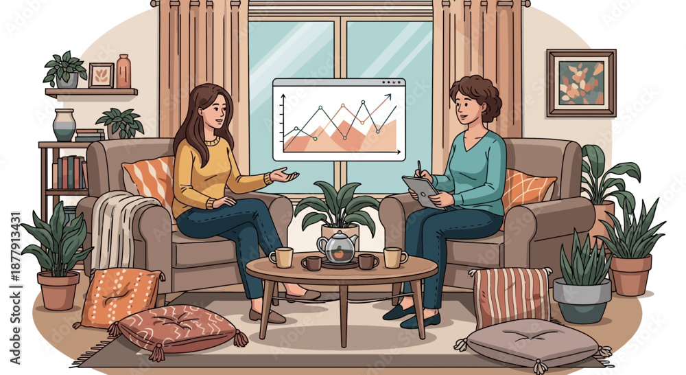Fototapeta premium Two Women Discussing Business Charts in a Cozy Living Room.