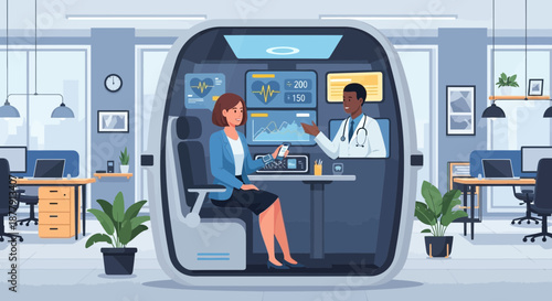 Telemedicine Consultation in a Futuristic Medical Pod.
