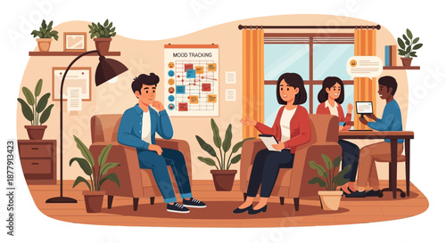 Therapy Session Man Discussing Issues with Therapists in a Counseling Room.