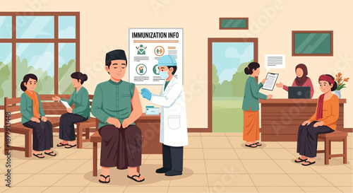 Vaccination Clinic Scene Doctor Administering Vaccine to Patient.