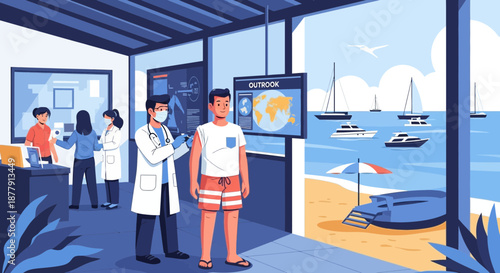 Vaccination at a Beachside Clinic Doctor Administering Shot to Patient.