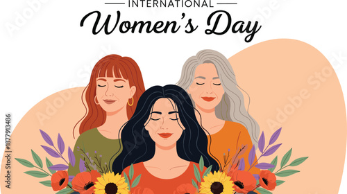 International Women's Day vector featuring three diverse women of different ages with closed eyes and vibrant spring flowers.