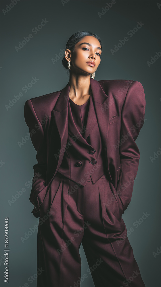 Obraz premium Vertical editorial fashion shot, model wearing an oversized suit with exaggerated shoulders, sharp tailoring, strong silhouette, deep espresso and burgundy color palette