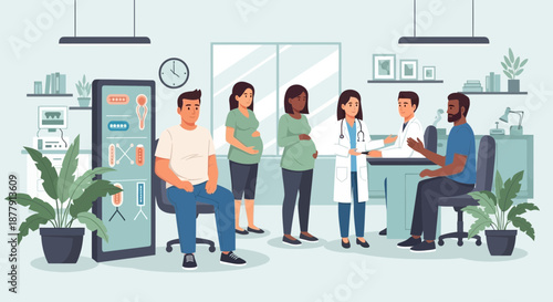 Diverse group of pregnant women and partners at a doctors office.