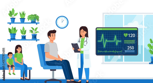 Doctor consulting with patient in waiting room with child.