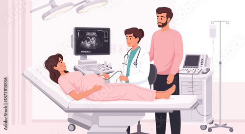 Expectant couple at ultrasound appointment with doctor.