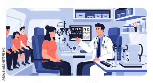 Eye Exam Doctor Checking Patients Vision with Equipment.