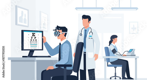 Eye Exam Illustration Patient Doctor and Visual Acuity Test.