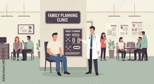 Family Planning Clinic Illustration Doctor and Patients in Waiting Room.