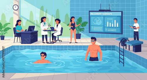 Indoor Pool Scene with Swimmers and Medical Staff.