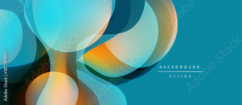 Abstract fluid shapes overlap, creating vibrant color gradients. Teal background complements orange, blue hues. Modern design element.