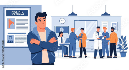 Man contemplating prostate screening in a medical waiting room.