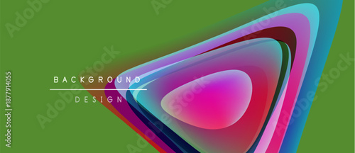 Abstract vibrant layers overlap, creating dynamic visual effect. Green backdrop enhances colorful design elements. Modern, stylish presentation.