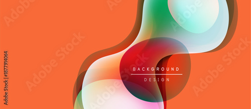 Abstract fluid shapes overlap, creating vibrant color gradients. Orange background complements design elements. Modern aesthetic.