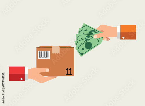 Delivery service concept customer paying money for receiving a package or parcel from a courier or delivery person, flat design illustration