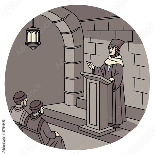 Medieval scholar addressing listeners in traditional setting