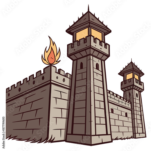 Fortress walls with guard towers lit by fire flames 1