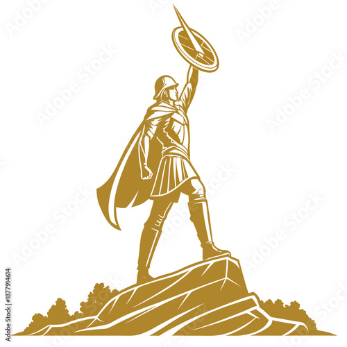 Heroic warrior statue silhouette golden light on white background