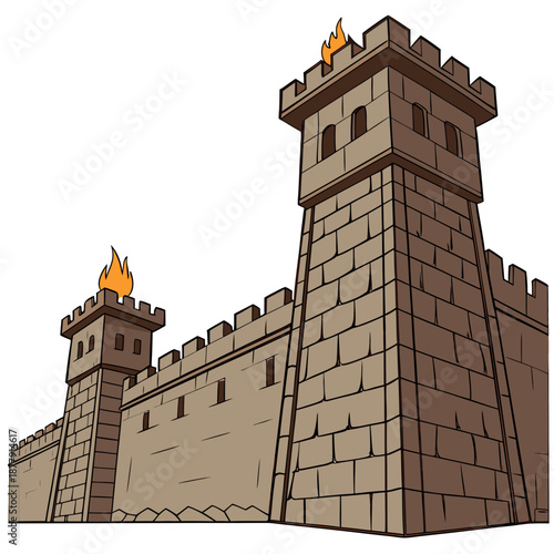 Fortress walls with guard towers lit by fire flames