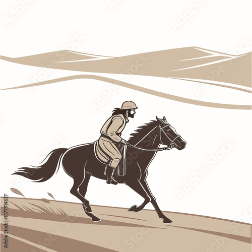 Horseman riding horse through desert landscape open