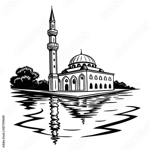 Black and white of a mosque with a minaret on water
