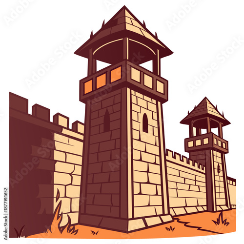 Medieval fortress walls with guard towers lit by fire