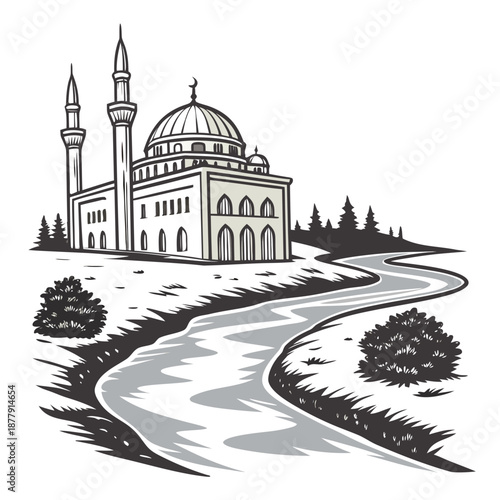 Ancient mosque beside flowing stream river flowing water