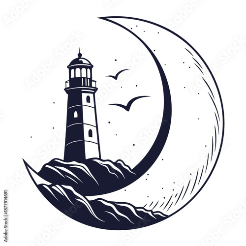 Monochrome lighthouse on crescent moon with flying birds