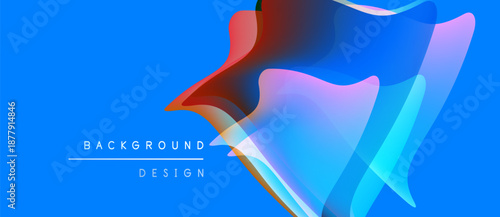 Abstract blue background features overlapping colorful shapes. Dynamic composition creates modern visual effect. Text reads background design.