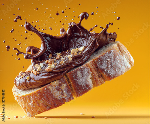 Floating Sourdough Toast with Exploding Chocolate Hazelnut Spread created with Generative AI Technology, ai, generative 